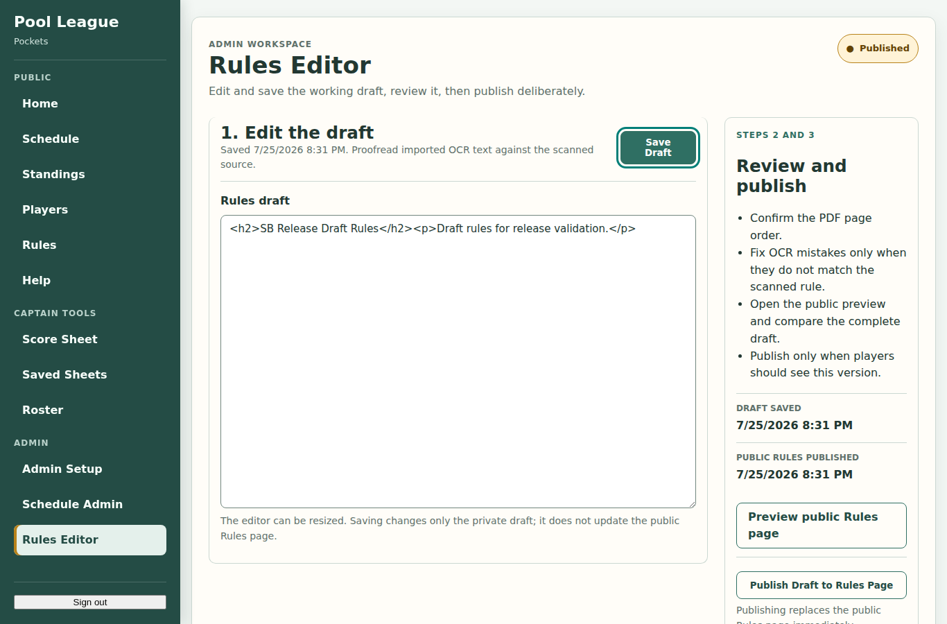 Rules Editor draft, review, and publishing workspace
