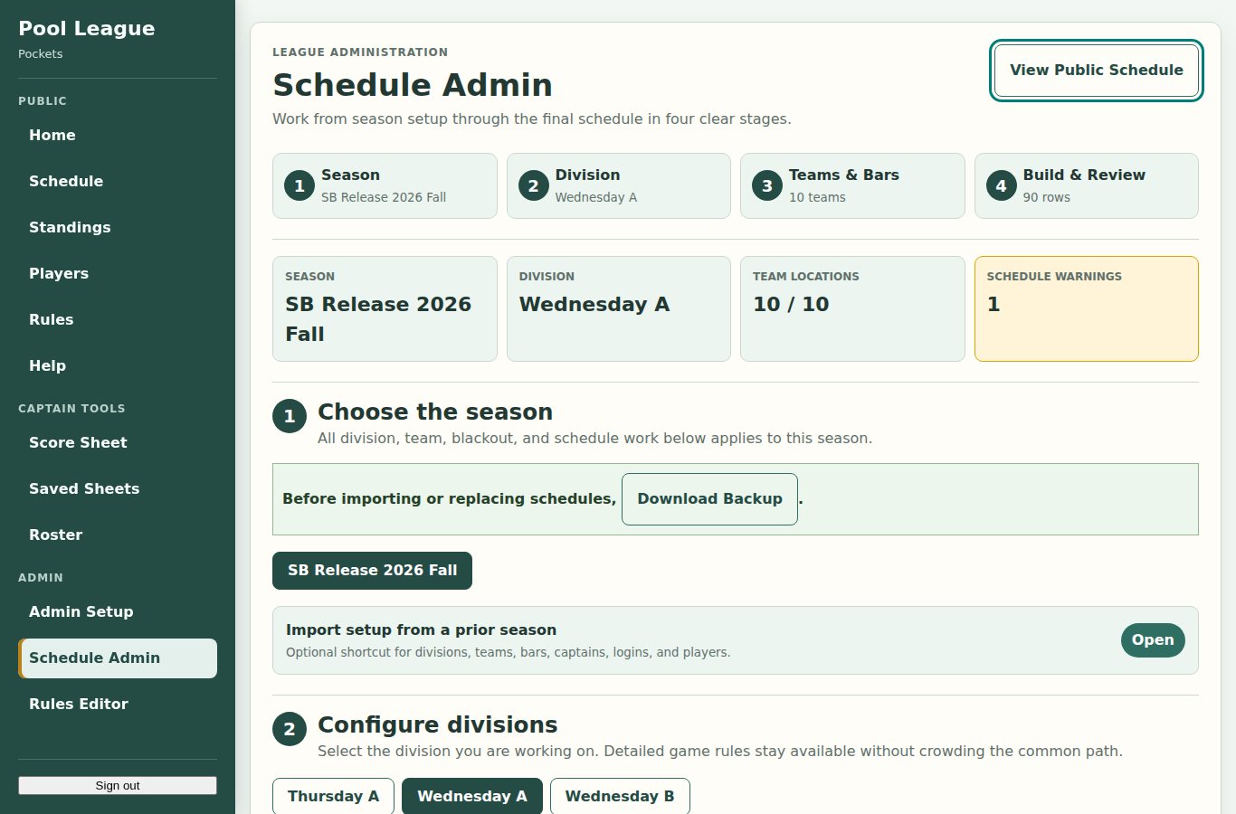 Schedule Admin four-stage guided workflow